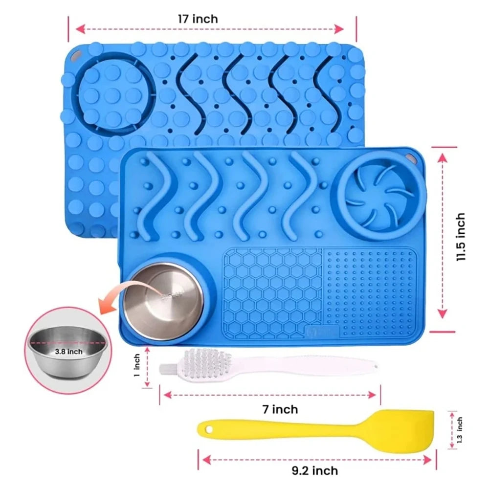 Slow Feeder Mat for Pets - Non-Toxic Silicone (Turquoise) Upgraded Anxiety and Boredom Relief Tool with Aluminum Bowl,17x11x2 in