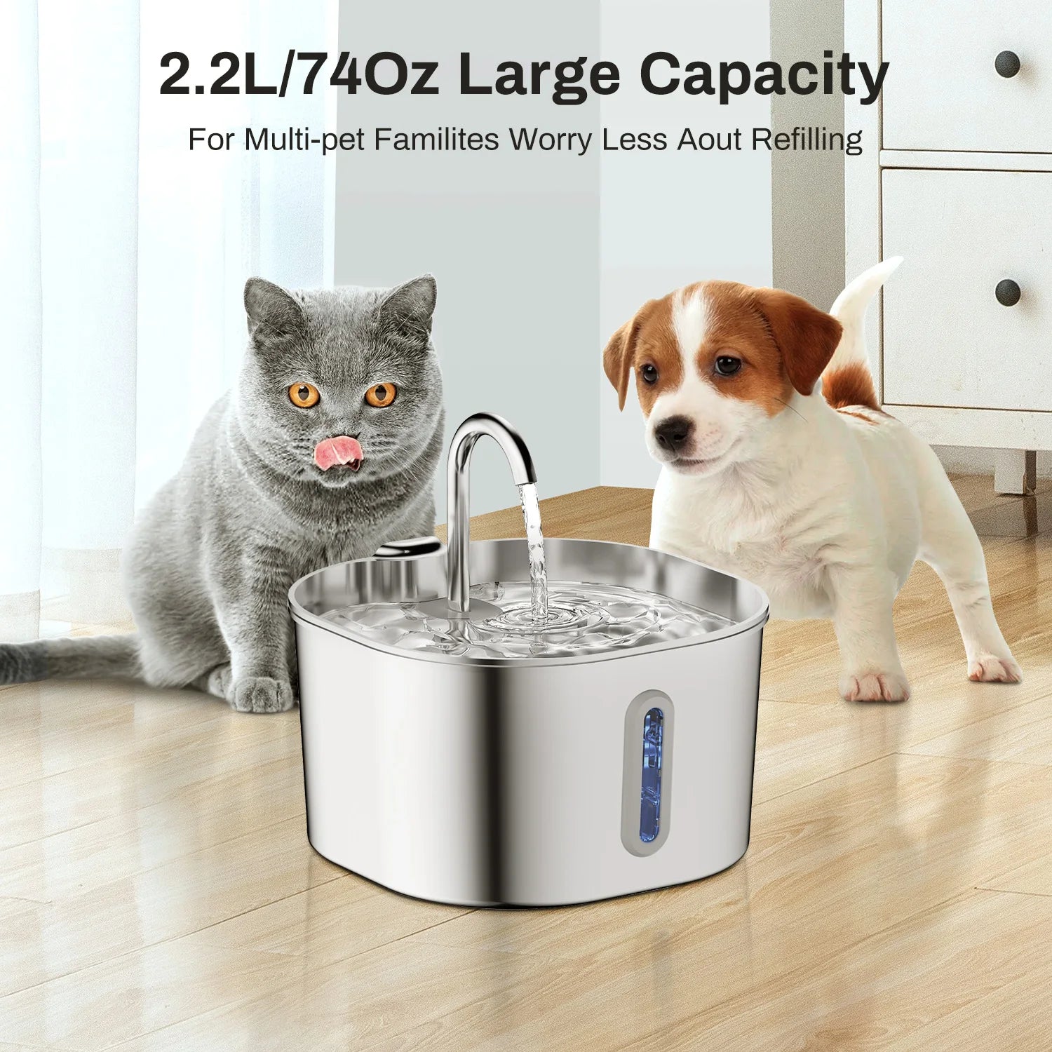 Stainless Steel Cat Water Fountain, 2.2L, Pet Water Dispenser With Filter, Dog Drinking Fountain for Cats, Ultra Quiet Water Pum