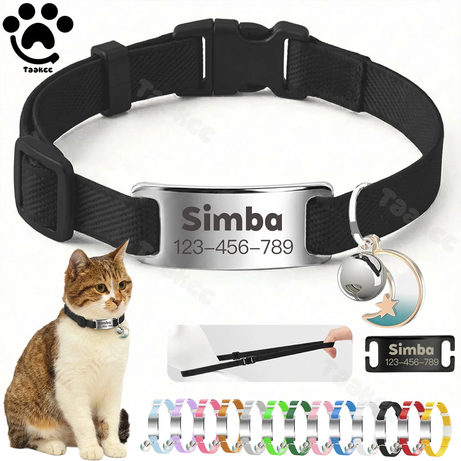 Customized Fashion Elastic Cat Collar Free Engraved Puppy Kitten Anti-lost Pet ID Nameplate Necklace With Bell & Moon Ornament