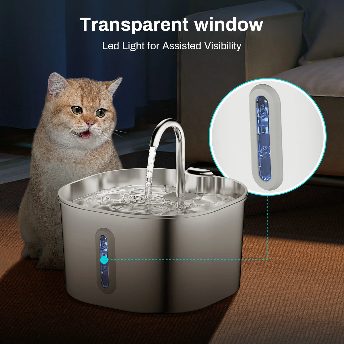 Stainless Steel Cat Water Fountain, 2.2L, Pet Water Dispenser With Filter, Dog Drinking Fountain for Cats, Ultra Quiet Water Pum