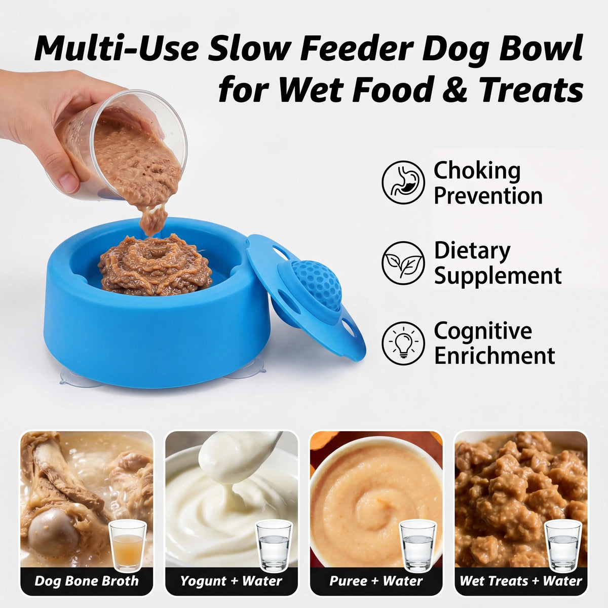 Slow Feeder Dog Bowl, Lick Ball Lid, Anti-Slip Suction Cups, for Wet Food, Bone Broth and Liquid Treats, Ideal for Small Dogs
