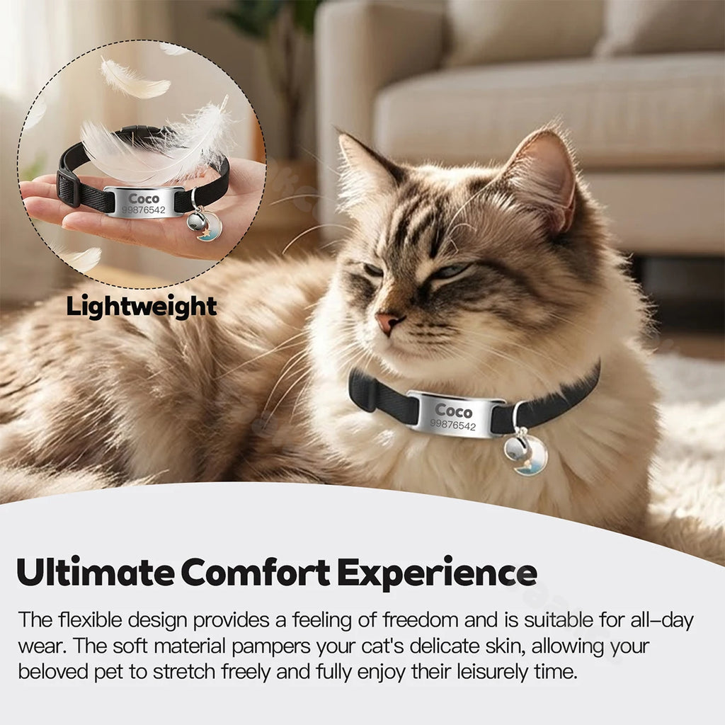 Customized Fashion Elastic Cat Collar Free Engraved Puppy Kitten Anti-lost Pet ID Nameplate Necklace With Bell & Moon Ornament